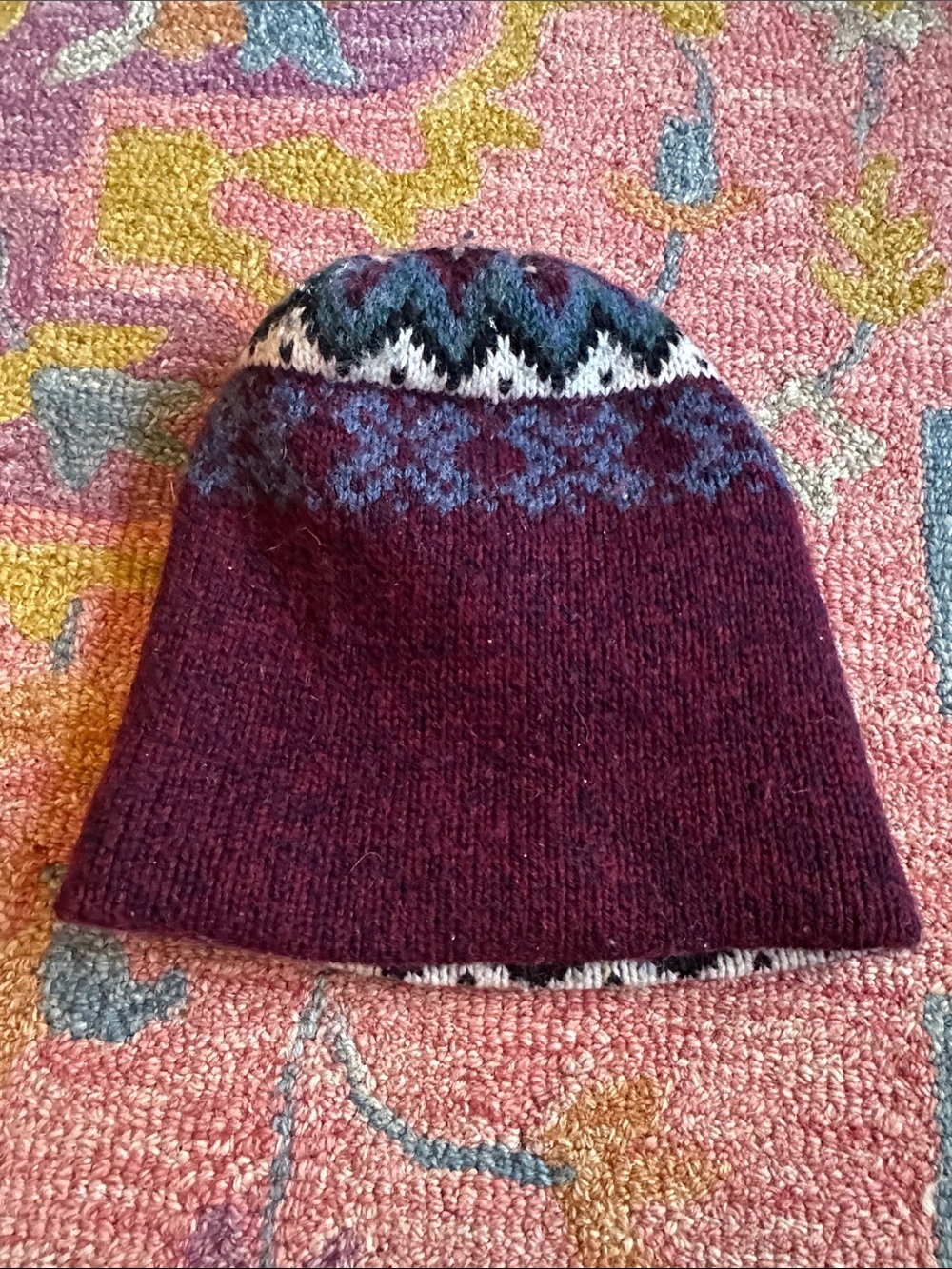 The renewable resource vintage wool blend Beanie Hat in Burgundy & blue